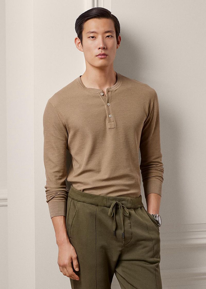 パープル レーベル T シャツ メンズ ブラウン コットン-silk Henley RUDLP4275